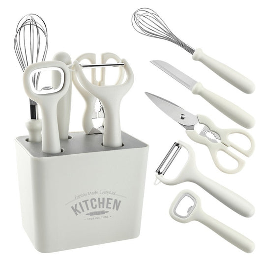 Set 6 ustensile bucatarie Flippy, cu suport inclus, desfacator, curatator legume, foarfeca, cutit, tel, ABS si inox, alb-0