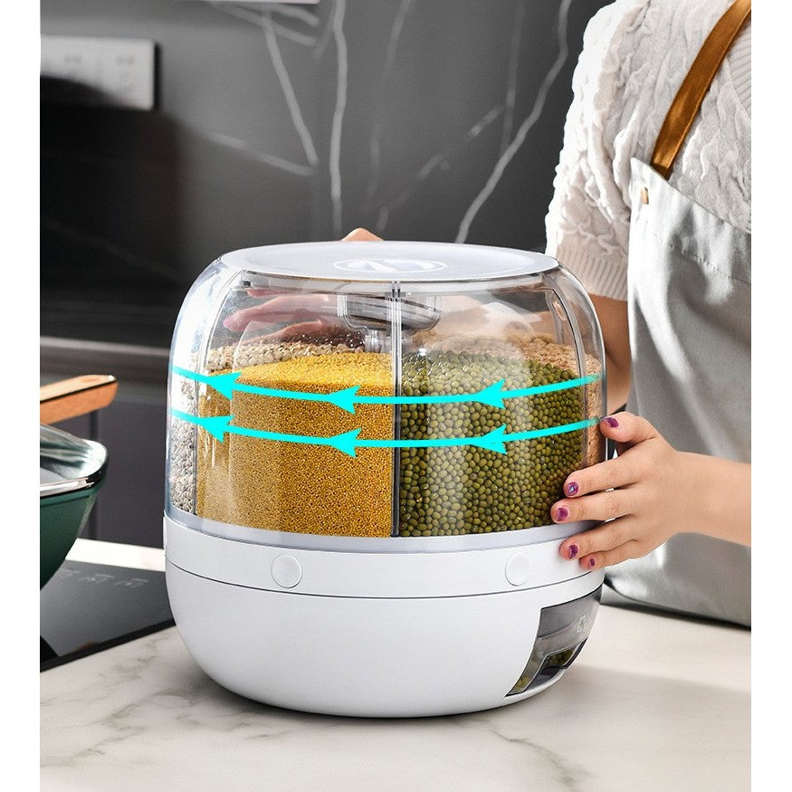 Dozator de cereale Flippy, rotativ 360, 6 compartimente, capacitate 3 L, rezistent la umezeala, inchidere etansa, alb-1