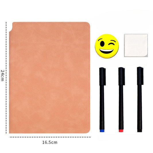 Set Agenda A5 Reutilizabila cu Pagini Tip Tabla, Agenda Pagini Albe cu Stergere Uscata, 3 Markere, 1 Burete și 1 Laveta de sters, Portabila, 24 x 16.5 cm, Coperta Piele, Roz Pal-1