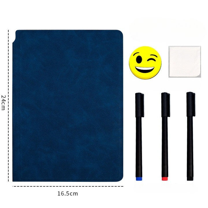 Set Agenda A5 Reutilizabila cu Pagini Tip Tabla, Agenda Pagini Albe cu Stergere Uscata, 3 Markere, 1 Burete și 1 Laveta de sters, Portabila, 24 x 16.5 cm, Coperta Piele, Albastru-4