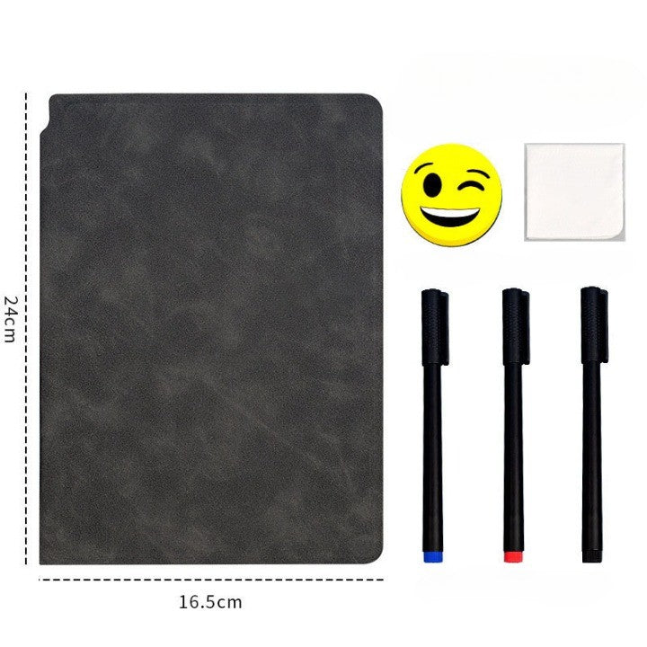 Set Agenda A5 Reutilizabila cu Pagini Tip Tabla, Agenda Pagini Albe cu Stergere Uscata, 3 Markere, 1 Burete și 1 Laveta de sters, Portabila, 24 x 16.5 cm, Coperta Piele, Negru-4