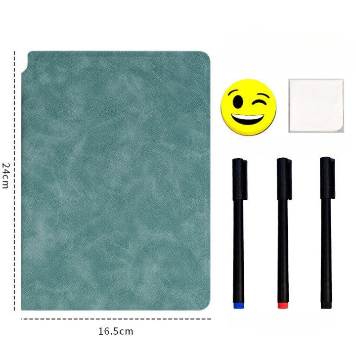 Set Agenda A5 Reutilizabila cu Pagini Tip Tabla, Agenda Pagini Albe cu Stergere Uscata, 3 Markere, 1 Burete și 1 Laveta de sters, Portabila, 24 x 16.5 cm, Coperta Piele, Verde-4