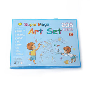 Set Complet pentru Desen si Pictura, Flippy, 208 Piese, Creioane, Markere, Acuarele cu Apa si Ulei, Pixuri, Hartie de Desen, Radiera, Ascutitoare, Radiera, Suport pentru Planse, Albastru, Cutie Mica, English-0