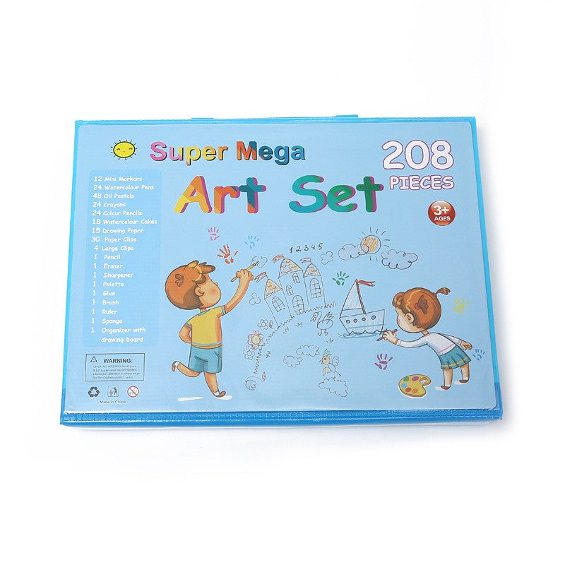 Set Complet pentru Desen si Pictura, Flippy, 208 Piese, Creioane, Markere, Acuarele cu Apa si Ulei, Pixuri, Hartie de Desen, Radiera, Ascutitoare, Radiera, Suport pentru Planse, Albastru, Cutie Mica, English-0