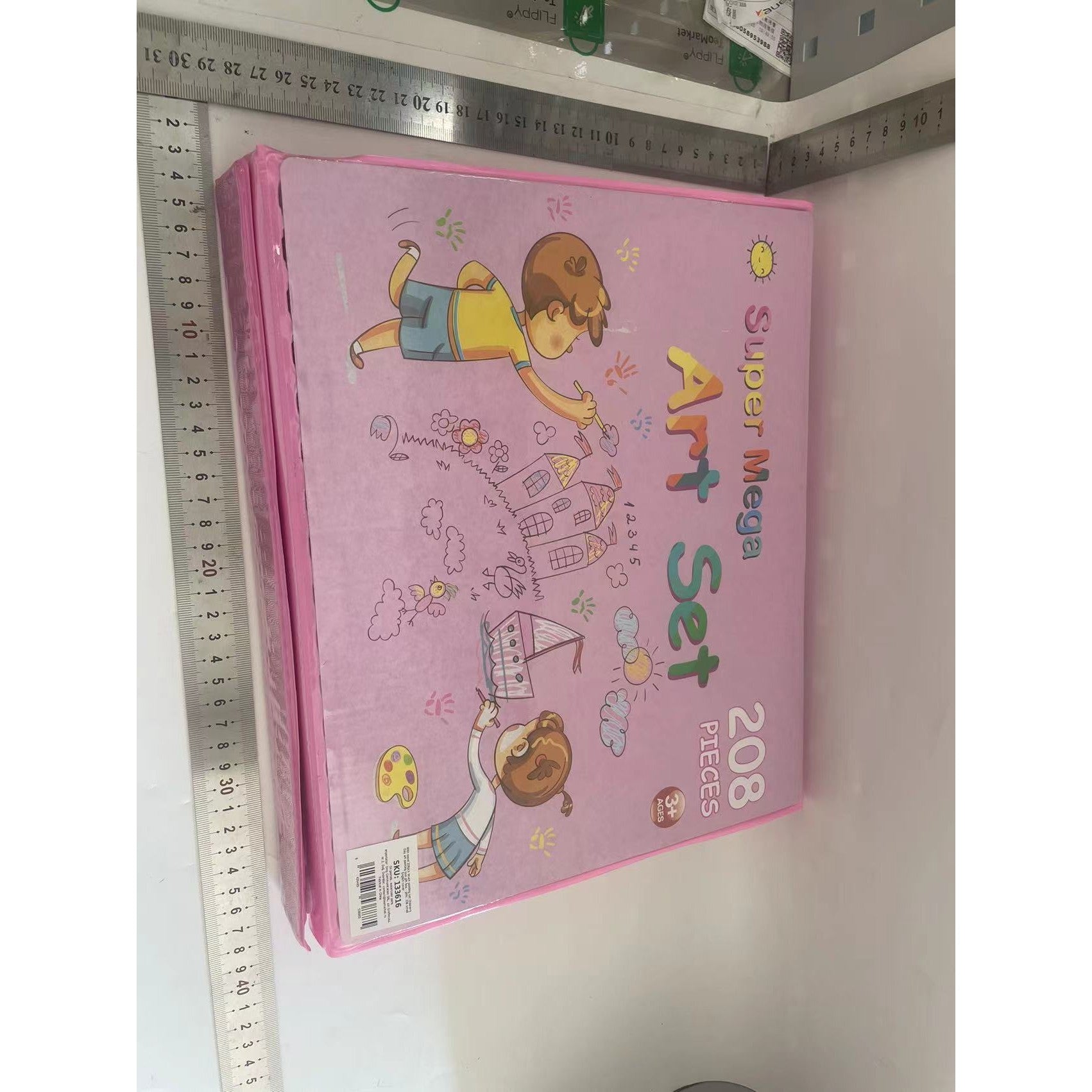 Set Complet pentru Desen si Pictura, Flippy, 208 Piese, Creioane, Markere, Acuarele cu Apa si Ulei, Pixuri, Hartie de Desen, Radiera, Ascutitoare, Radiera, Suport pentru Planse, Roz, Cutie Mica, English-1