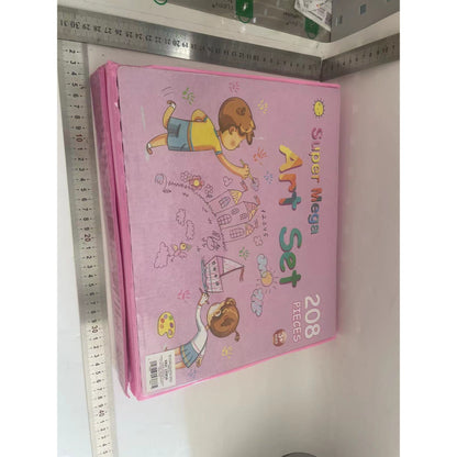 Set Complet pentru Desen si Pictura, Flippy, 208 Piese, Creioane, Markere, Acuarele cu Apa si Ulei, Pixuri, Hartie de Desen, Radiera, Ascutitoare, Radiera, Suport pentru Planse, Roz, Cutie Mica, English-1