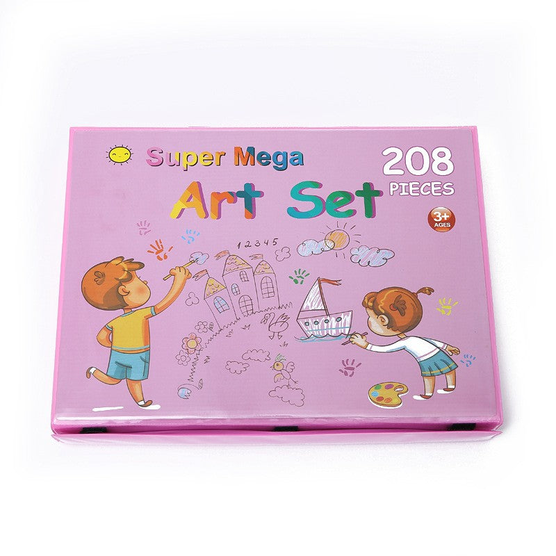 Set Complet pentru Desen si Pictura, Flippy, 208 Piese, Creioane, Markere, Acuarele cu Apa si Ulei, Pixuri, Hartie de Desen, Radiera, Ascutitoare, Radiera, Suport pentru Planse, Roz, Cutie Mica, English-0