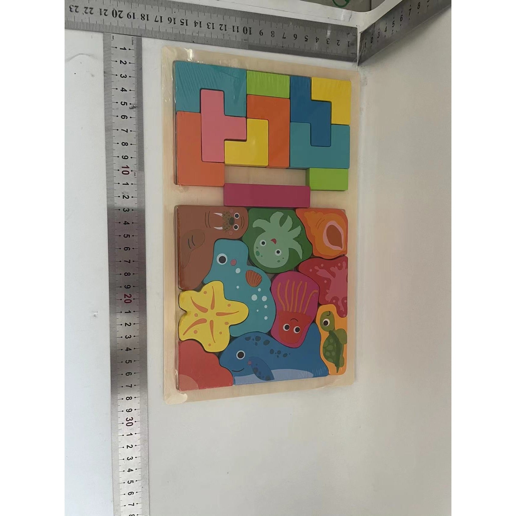 Puzzle Montessori din Lemn pentru Copii, Flippy, Tip Tetris 2in1 +3 Ani, cu Animale Marine Colorate 3D, Educativ, Intuitiv, Creativ, 21 de Piese, 28.5x17x1.2 cm, Multicolor-1