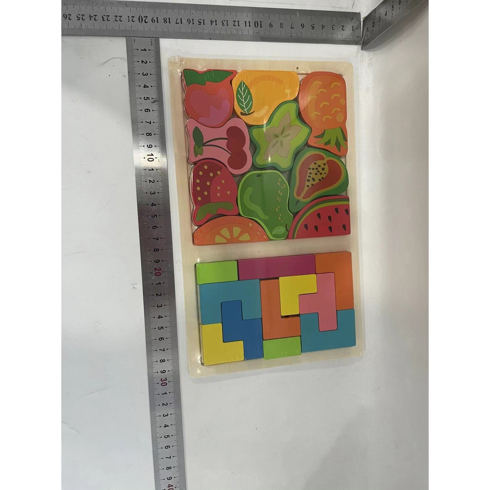 Puzzle Montessori din Lemn pentru Copii, Flippy, Tip Tetris 2in1 +3 Ani, cu Fructe Colorate 3D, Educativ, Intuitiv, Creativ, 21 de Piese, 28.5x17x1.2 cm, Multicolor-1