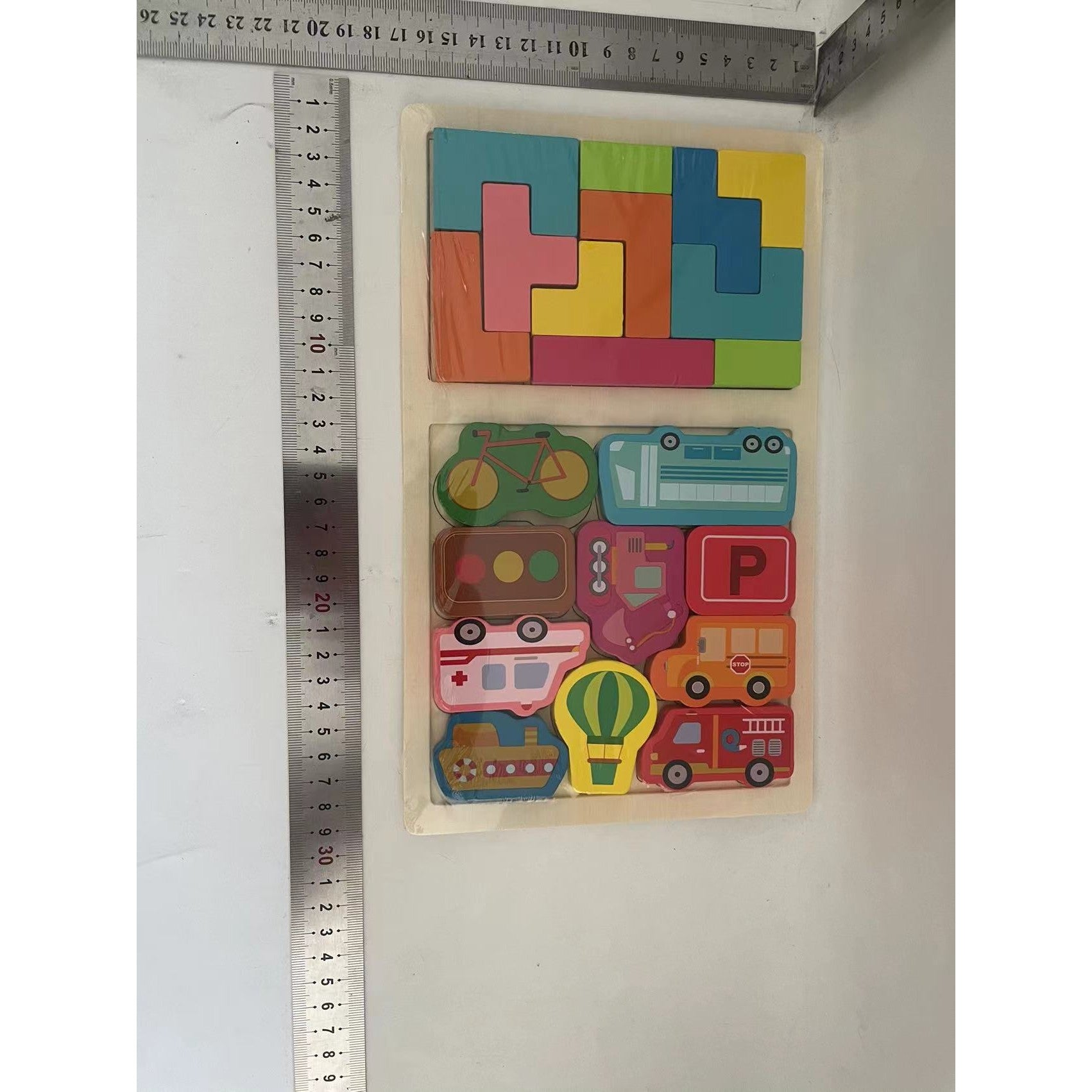 Puzzle Montessori din Lemn pentru Copii, Flippy, Tip Tetris 2in1, +3 Ani, cu Masini Colorate 3D, Educativ, Intuitiv, Creativ, 21 de Piese, 28.5x17x1.2 cm, Multicolor-1