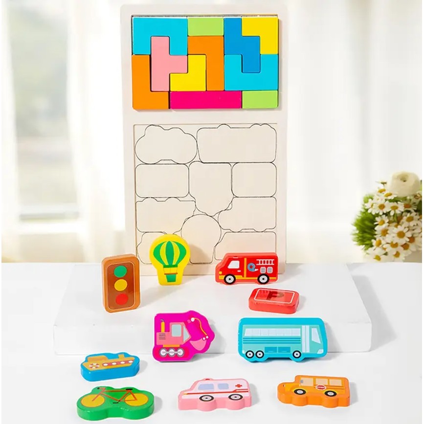 Puzzle Montessori din Lemn pentru Copii, Flippy, Tip Tetris 2in1, +3 Ani, cu Masini Colorate 3D, Educativ, Intuitiv, Creativ, 21 de Piese, 28.5x17x1.2 cm, Multicolor-2