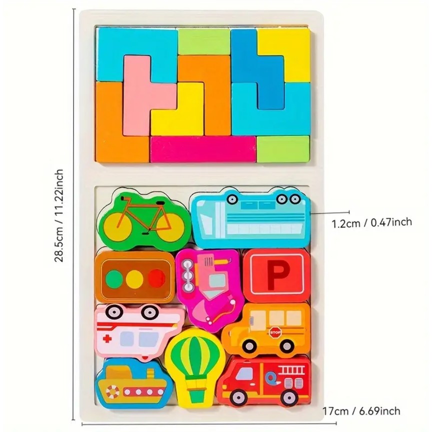 Puzzle Montessori din Lemn pentru Copii, Flippy, Tip Tetris 2in1, +3 Ani, cu Masini Colorate 3D, Educativ, Intuitiv, Creativ, 21 de Piese, 28.5x17x1.2 cm, Multicolor-3