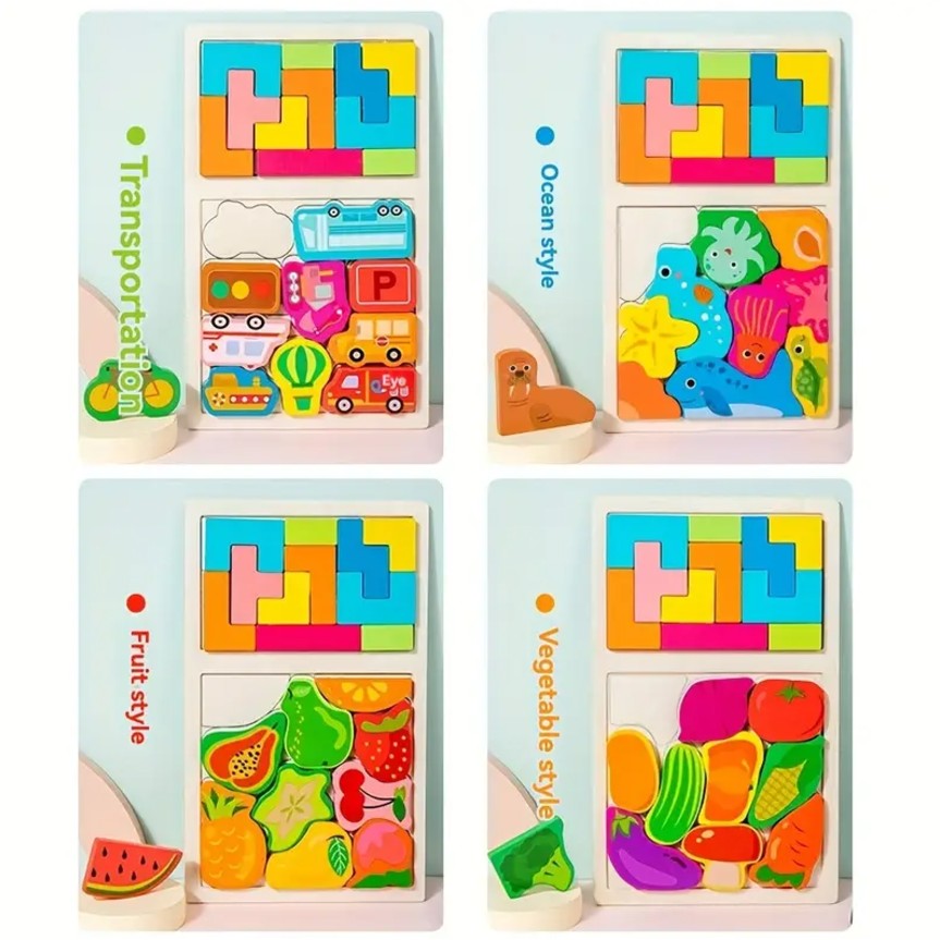 Puzzle Montessori din Lemn pentru Copii, Flippy, Tip Tetris 2in1, +3 Ani, cu Masini Colorate 3D, Educativ, Intuitiv, Creativ, 21 de Piese, 28.5x17x1.2 cm, Multicolor-5