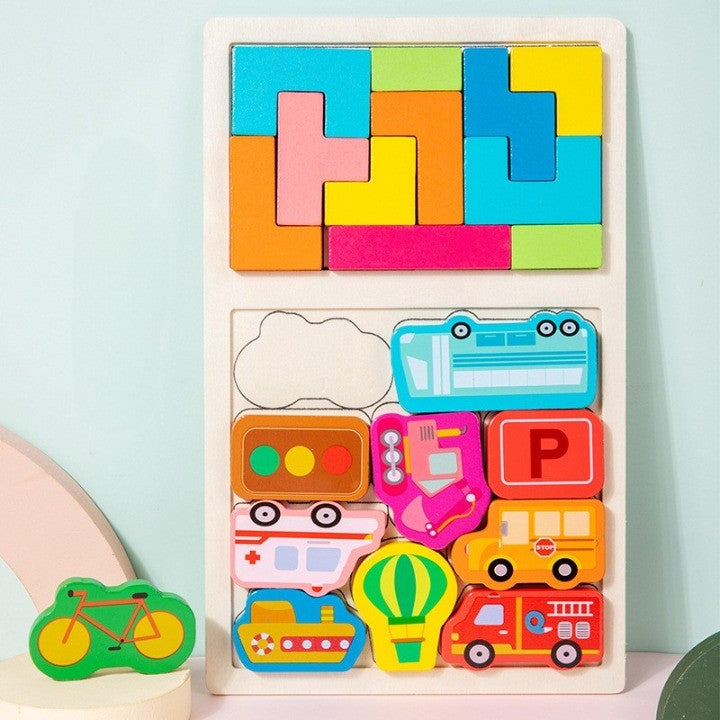 Puzzle Montessori din Lemn pentru Copii, Flippy, Tip Tetris 2in1, +3 Ani, cu Masini Colorate 3D, Educativ, Intuitiv, Creativ, 21 de Piese, 28.5x17x1.2 cm, Multicolor-7
