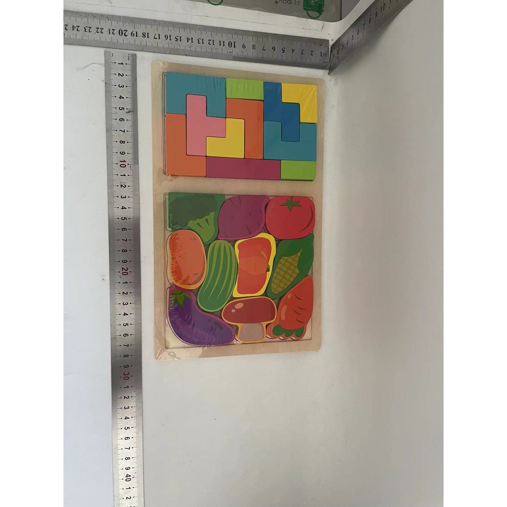Puzzle Montessori din Lemn pentru Copii, Flippy, Tip Tetris 2in1 +3 Ani, cu Legume Colorate 3D, Educativ, Intuitiv, Creativ, 21 de Piese, 28.5x17x1.2 cm, Multicolor-1
