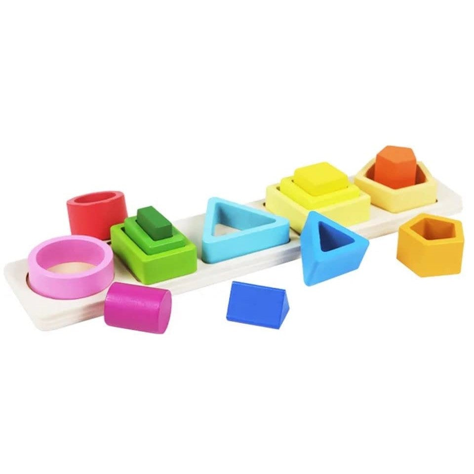 Jucarie Montessori din Lemn, Flippy, Tip Puzzle, cu 5 Forme Asimetrice, 15 Piese, Educativa, Interactiva, Creativa, Model Forme Geometrice, Materiale Non Toxice, +2 Ani, 29x6.5 cm, Multicolor-1