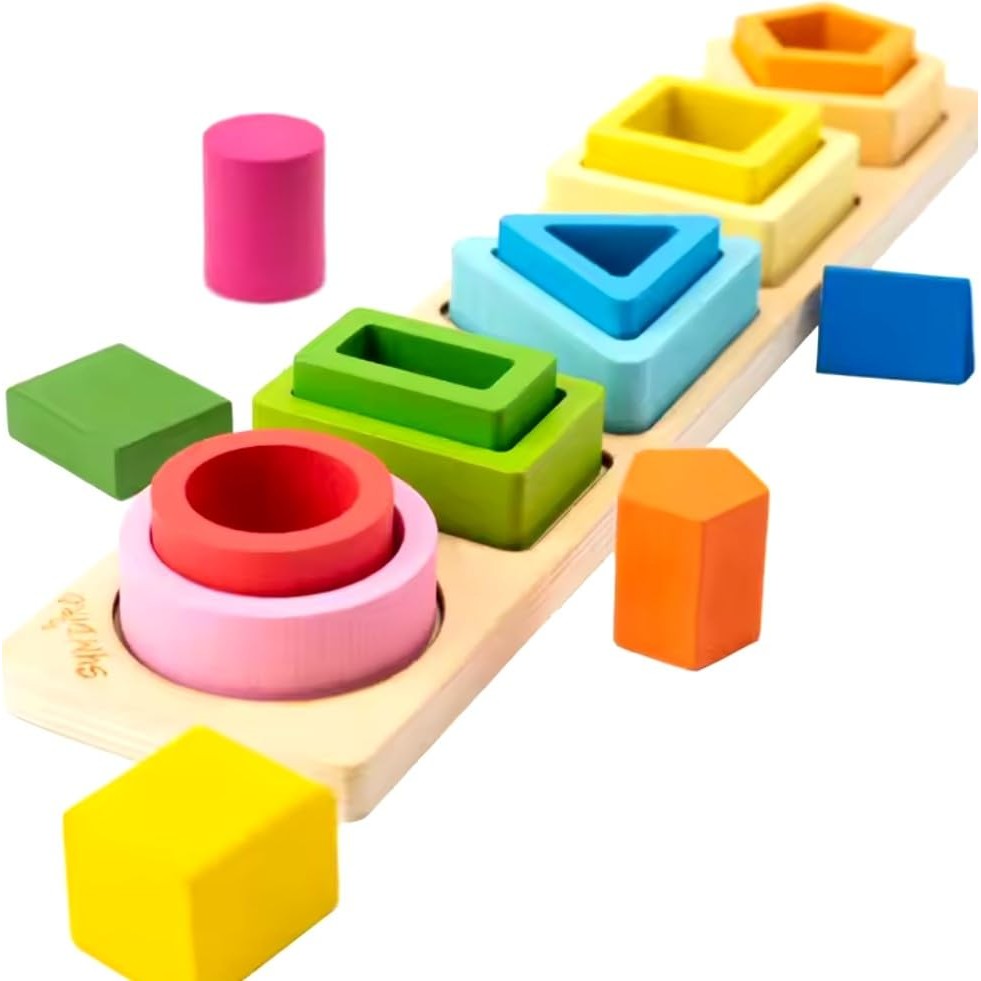 Jucarie Montessori din Lemn, Flippy, Tip Puzzle, cu 5 Forme Asimetrice, 15 Piese, Educativa, Interactiva, Creativa, Model Forme Geometrice, Materiale Non Toxice, +2 Ani, 29x6.5 cm, Multicolor-3