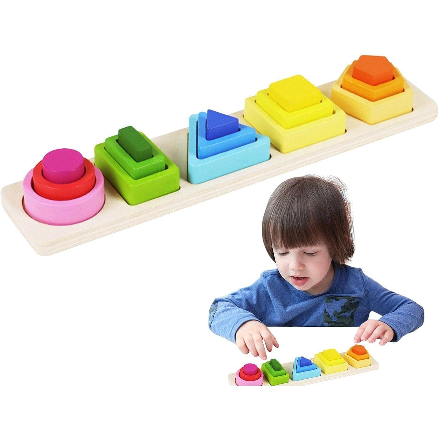 Jucarie Montessori din Lemn, Flippy, Tip Puzzle, cu 5 Forme Asimetrice, 15 Piese, Educativa, Interactiva, Creativa, Model Forme Geometrice, Materiale Non Toxice, +2 Ani, 29x6.5 cm, Multicolor-6