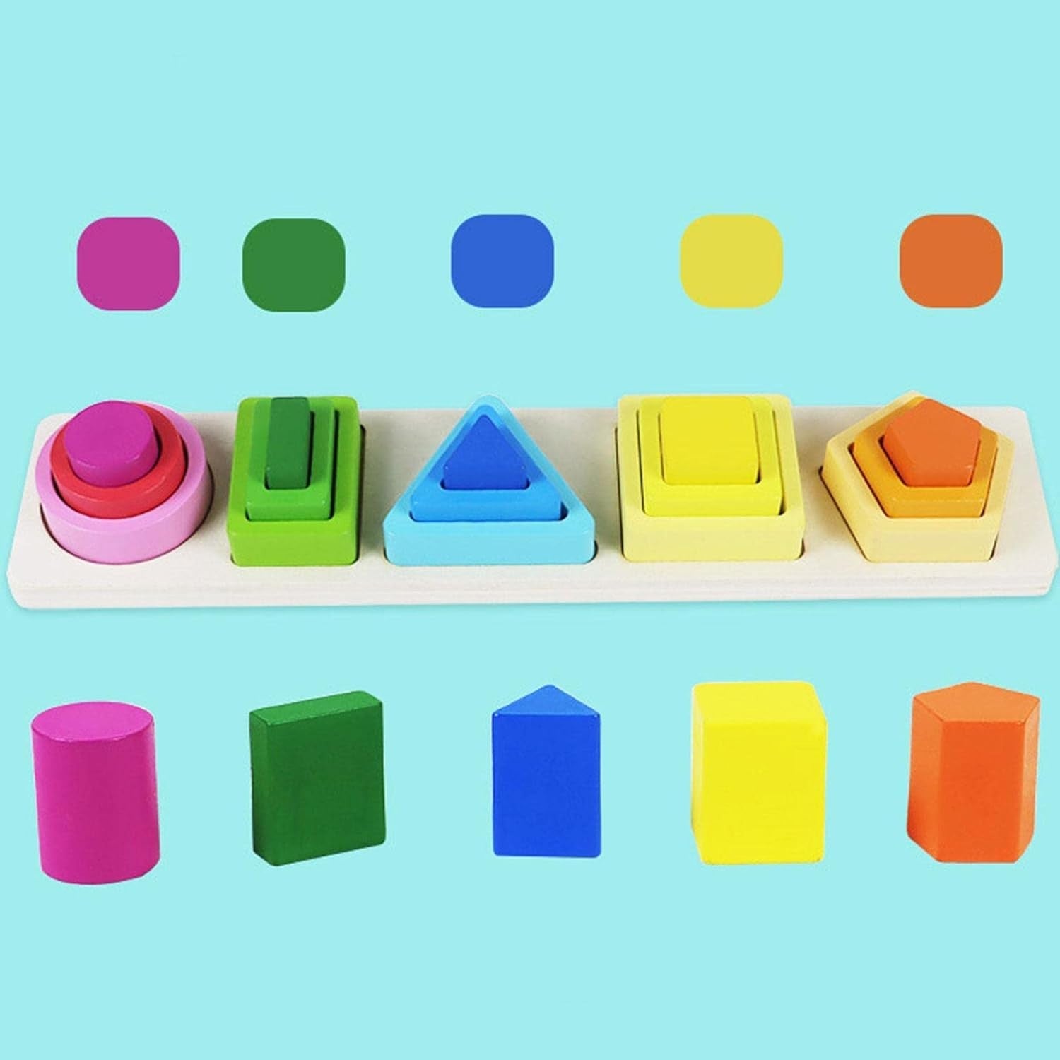 Jucarie Montessori din Lemn, Flippy, Tip Puzzle, cu 5 Forme Asimetrice, 15 Piese, Educativa, Interactiva, Creativa, Model Forme Geometrice, Materiale Non Toxice, +2 Ani, 29x6.5 cm, Multicolor-8