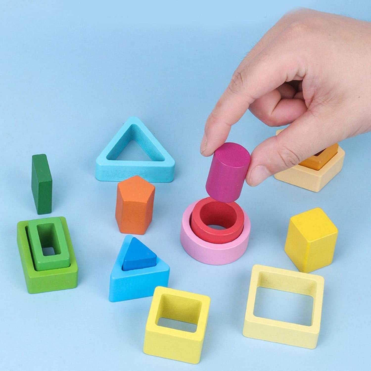 Jucarie Montessori din Lemn, Flippy, Tip Puzzle, cu 5 Forme Asimetrice, 15 Piese, Educativa, Interactiva, Creativa, Model Forme Geometrice, Materiale Non Toxice, +2 Ani, 29x6.5 cm, Multicolor-9
