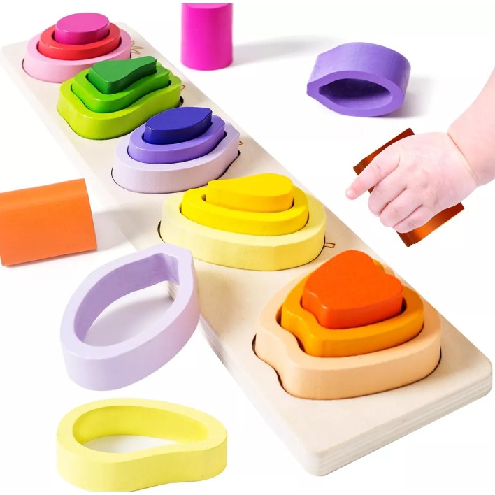 Jucarie Montessori din Lemn, Flippy, Tip Puzzle, cu 5 Forme Asimetrice, 15 Piese, Model Fructe, Educativa, Interactiva, Creativa, Materiale Non Toxice, +2 Ani, 29x6.5 cm, Multicolor-1