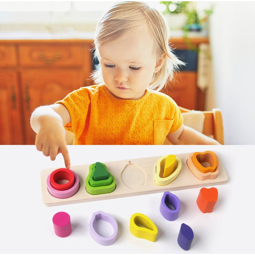 Jucarie Montessori din Lemn, Flippy, Tip Puzzle, cu 5 Forme Asimetrice, 15 Piese, Model Fructe, Educativa, Interactiva, Creativa, Materiale Non Toxice, +2 Ani, 29x6.5 cm, Multicolor-3