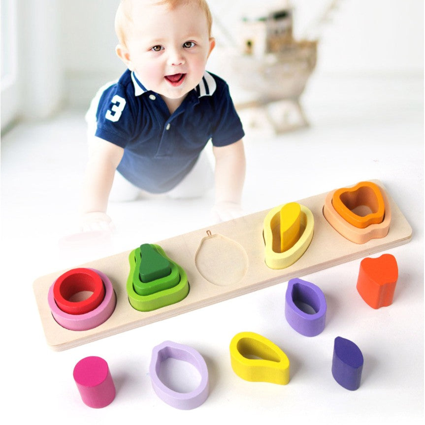 Jucarie Montessori din Lemn, Flippy, Tip Puzzle, cu 5 Forme Asimetrice, 15 Piese, Model Fructe, Educativa, Interactiva, Creativa, Materiale Non Toxice, +2 Ani, 29x6.5 cm, Multicolor-4
