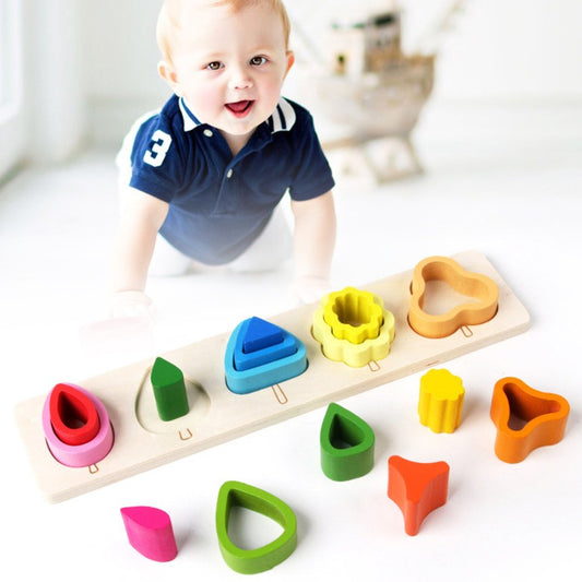 Jucarie Montessori din Lemn, Flippy, Tip Puzzle, cu 5 Forme Asimetrice, 15 Piese, Educativa, Interactiva, Creativa, Model Copaci, Materiale Non Toxice, +2 Ani, 29x6.5 cm, Multicolor-1