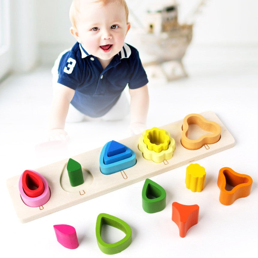 Jucarie Montessori din Lemn, Flippy, Tip Puzzle, cu 5 Forme Asimetrice, 15 Piese, Educativa, Interactiva, Creativa, Model Copaci, Materiale Non Toxice, +2 Ani, 29x6.5 cm, Multicolor-1