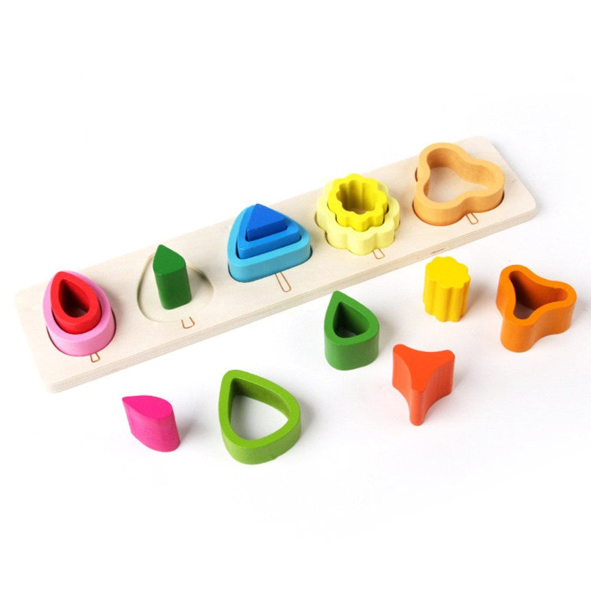Jucarie Montessori din Lemn, Flippy, Tip Puzzle, cu 5 Forme Asimetrice, 15 Piese, Educativa, Interactiva, Creativa, Model Copaci, Materiale Non Toxice, +2 Ani, 29x6.5 cm, Multicolor-2