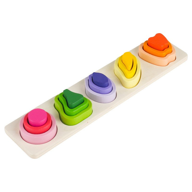 Jucarie Montessori din Lemn, Flippy, Tip Puzzle, cu 5 Forme Asimetrice, 15 Piese, Model Fructe, Educativa, Interactiva, Creativa, Materiale Non Toxice, +2 Ani, 29x6.5 cm, Multicolor-0