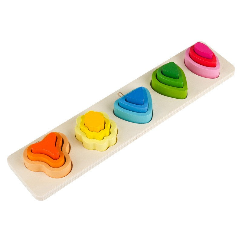 Jucarie Montessori din Lemn, Flippy, Tip Puzzle, cu 5 Forme Asimetrice, 15 Piese, Educativa, Interactiva, Creativa, Model Copaci, Materiale Non Toxice, +2 Ani, 29x6.5 cm, Multicolor-0
