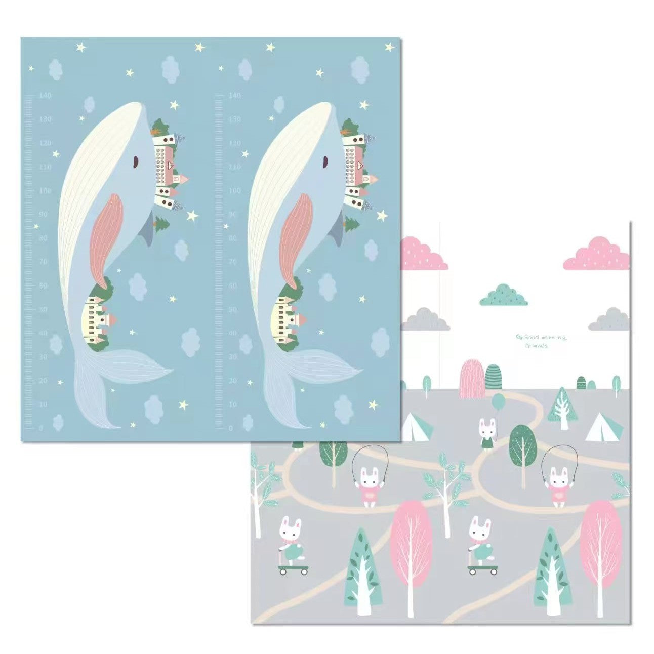 Covoraș de Joaca pentru Copii Termic cu 2 Fete, Flippy, Model Balene si Iepurasi, cu Spuma, Impermeabil, Antiderapant, 1.5mx2mx1.5cm-1