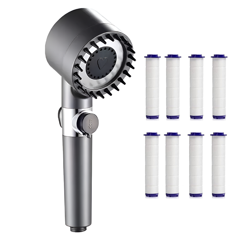 Para de Dus Teno976, 6 filtre extra, buton On/Off, presiune ajustabila, filtrare apa, jet uniform, zimti de silicon pentru curatare, gri
