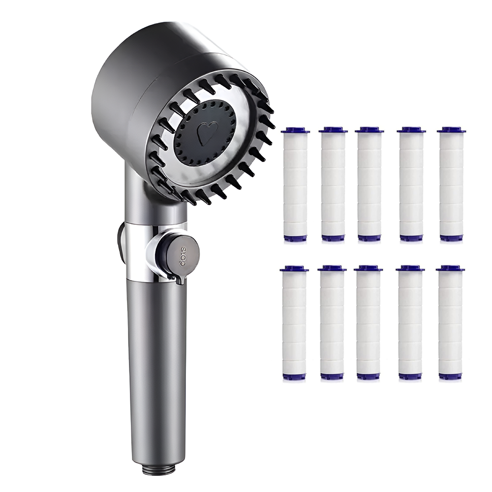 Para de Dus Teno976, 6 filtre extra, buton On/Off, presiune ajustabila, filtrare apa, jet uniform, zimti de silicon pentru curatare, gri