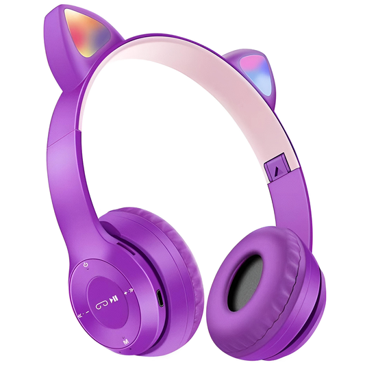 Casti Wireless Model Pisica Teno952, P47M, overear, urechi de pisica cu iluminare RGB, bluetooth 5.0, handsfree, HiFi, bass stereo, mov