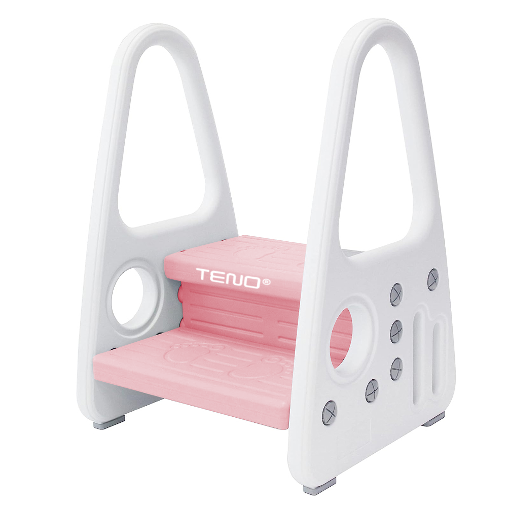 Scaunel Inaltator pentru Copii Teno639, multifunctional,  tip scara, doua trepte, suprafata anti-alunecare, manere laterale, pentru bucatarie/baie, confortabil, sigur, roz