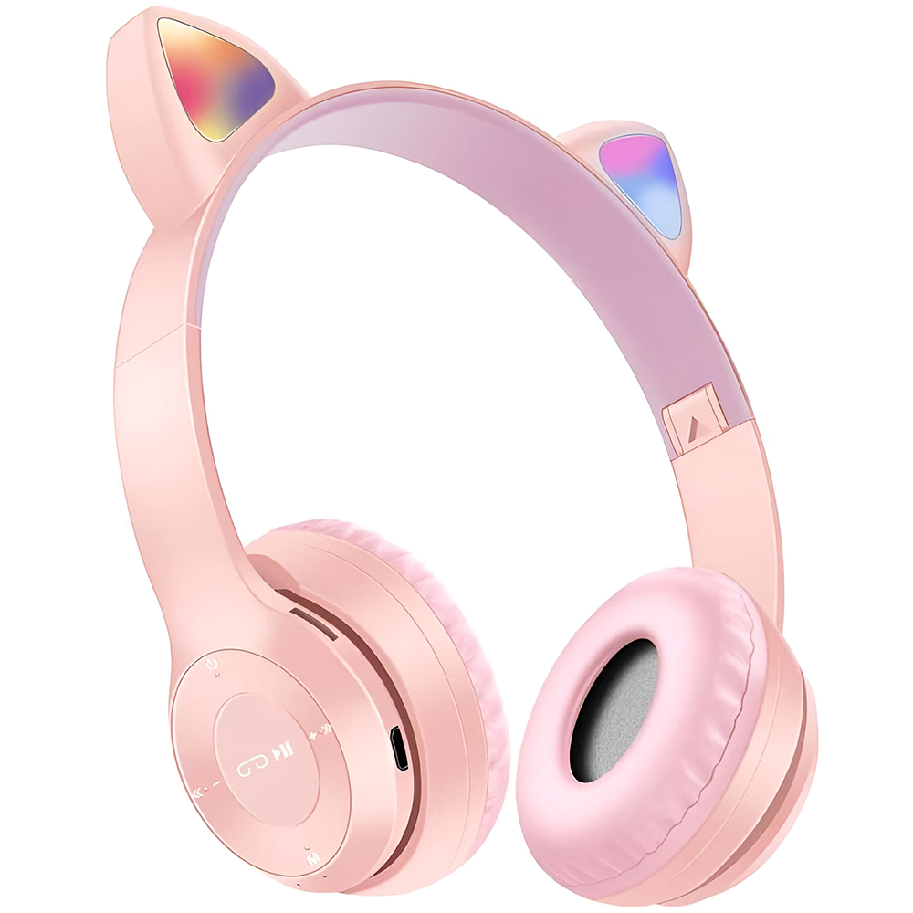 Casti Wireless Model Pisica Teno951, P47M, overear, urechi de pisica cu iluminare RGB, bluetooth 5.0, handsfree, HiFi, bass stereo, roz