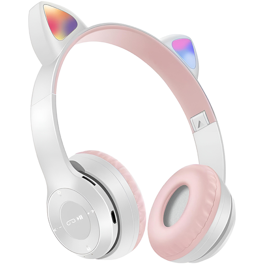 Casti Wireless Model Pisica Teno953, P47M, overear, urechi de pisica cu iluminare RGB, bluetooth 5.0, handsfree, HiFi, bass stereo, gri/roz