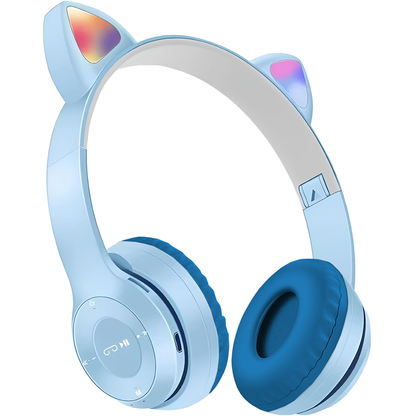 Casti Wireless Model Pisica Teno955, P47M, overear, urechi de pisica cu iluminare RGB, bluetooth 5.0, handsfree, HiFi, bass stereo, albastru deschis
