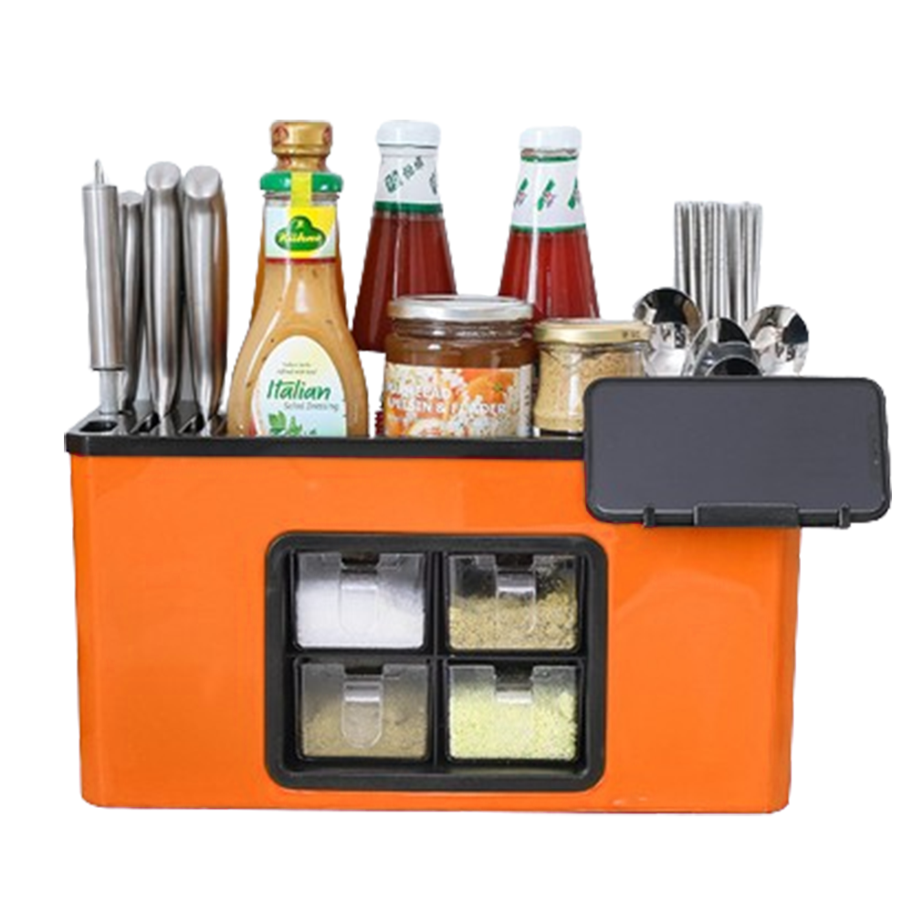 Organizator Multifunctional pentru Bucatarie Teno603, 4 Compartimente, raft condimente, suport detasabil telefon,  tavita de scurgere, suport tacamuri/ustensile, portocaliu