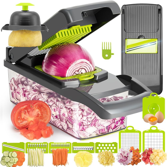 Feliator de Legume 13 in 1 Teno752, multifunctional, 8 taieturi, accesorii pentru tocat, maruntit, feliat, julienne, separator de oua, lame de inox, 28 x 13 cm, verde