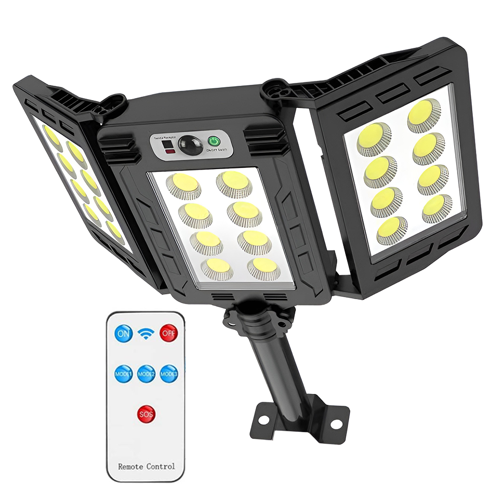 Lampa Solara Stradala 24 LED-uri Teno877, tip bec, 3 capete, control prin telecomanda, senzor de miscare, 3 moduri de iluminare, protectie IP65, Waterproof, exterior, negru