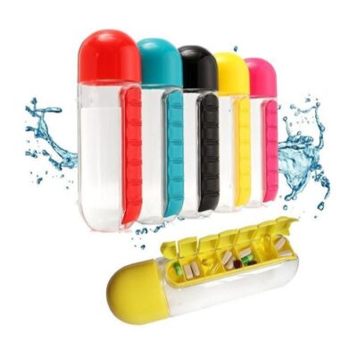 Sticla de apa cu organizator de medicamente, 600ml, multicolor