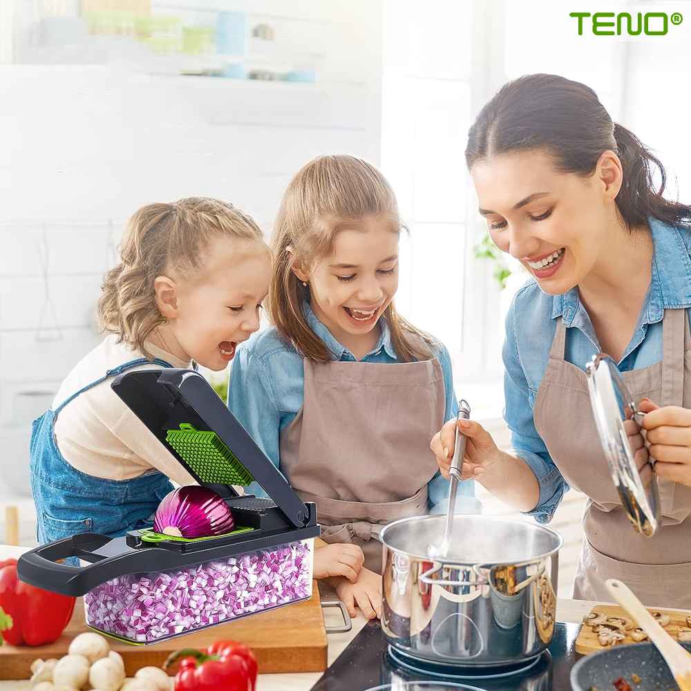 Feliator de Legume 13 in 1 Teno752, multifunctional, 8 taieturi, accesorii pentru tocat, maruntit, feliat, julienne, separator de oua, lame de inox, 28 x 13 cm, verde