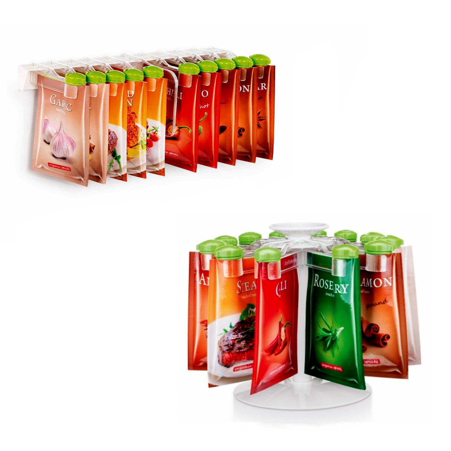 Set 2 in 1 organizatoare de bucatarie pentru condimente, cu cleme, transparente