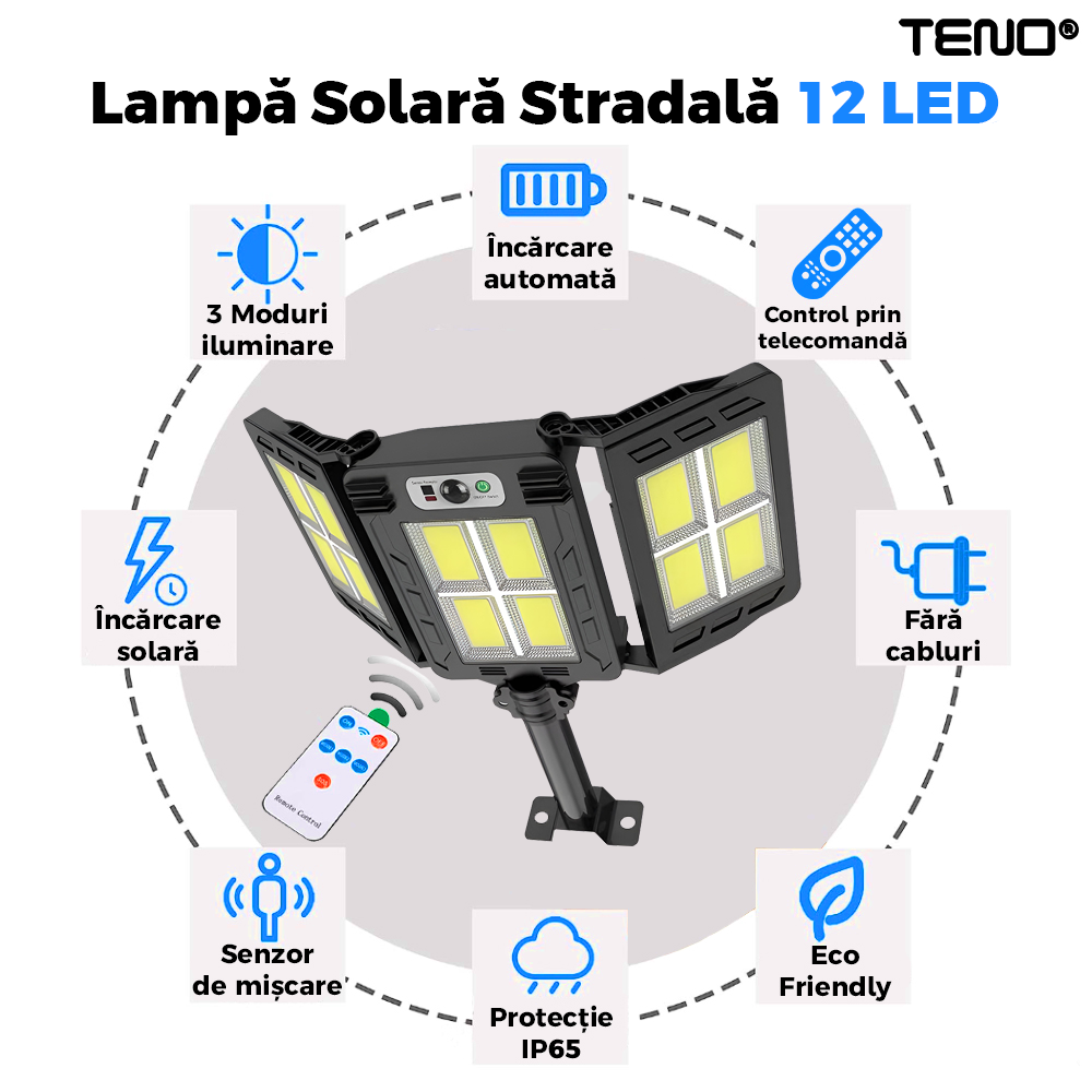 Lampa Solara Stradala 12 LED-uri Teno873, 3 capete, control prin telecomanda, senzor de miscare, 3 moduri de iluminare, protectie IP65, Waterproof, exterior, negru