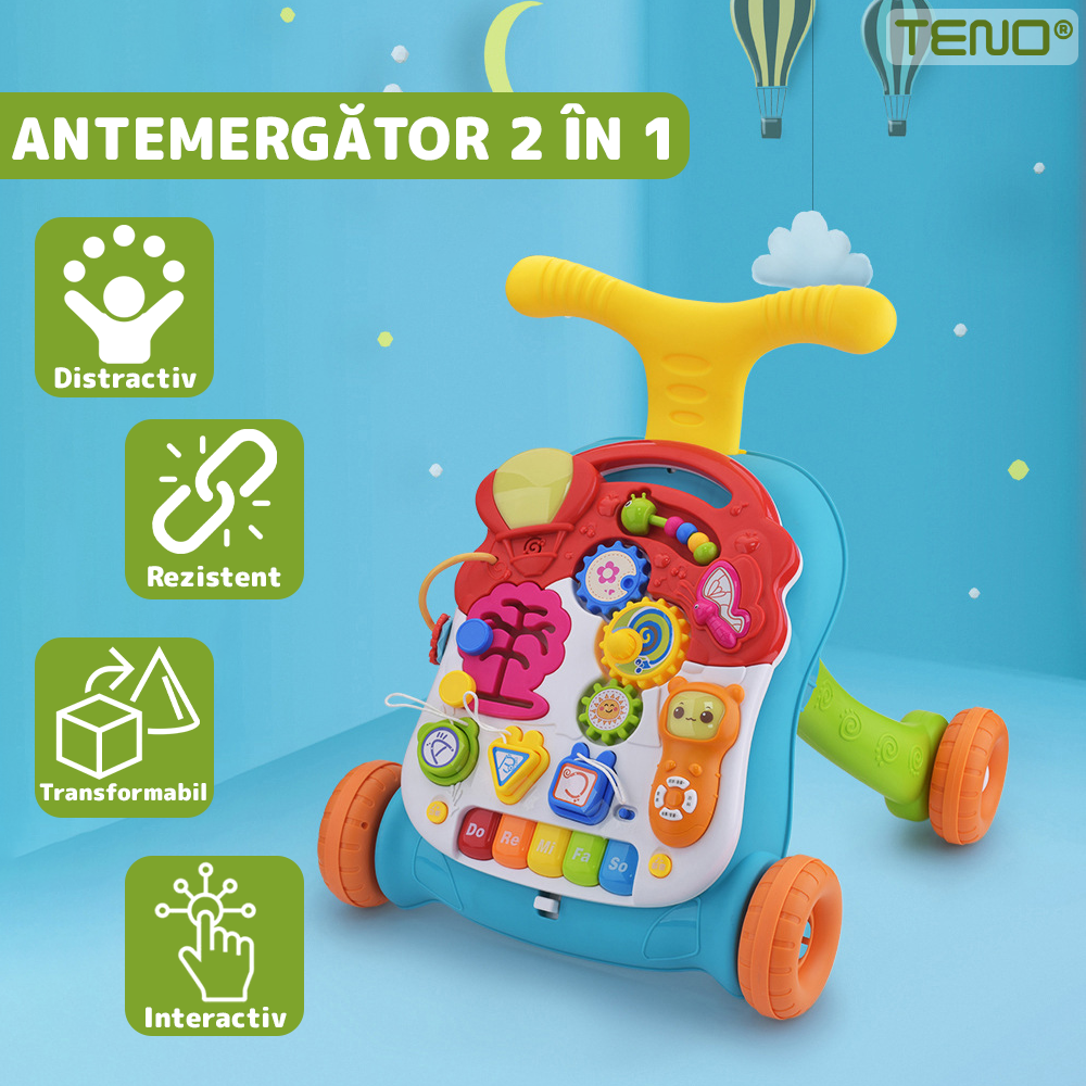 Antemergator Multifunctional 2in1 Teno644, centru de activitati si joaca, telecomanda detasabila cu 15 melodii, masuta educativa cu 4 picioruse incluse, panou pentru invatarea numerelor si formelor, lumini si sunete, multicolor