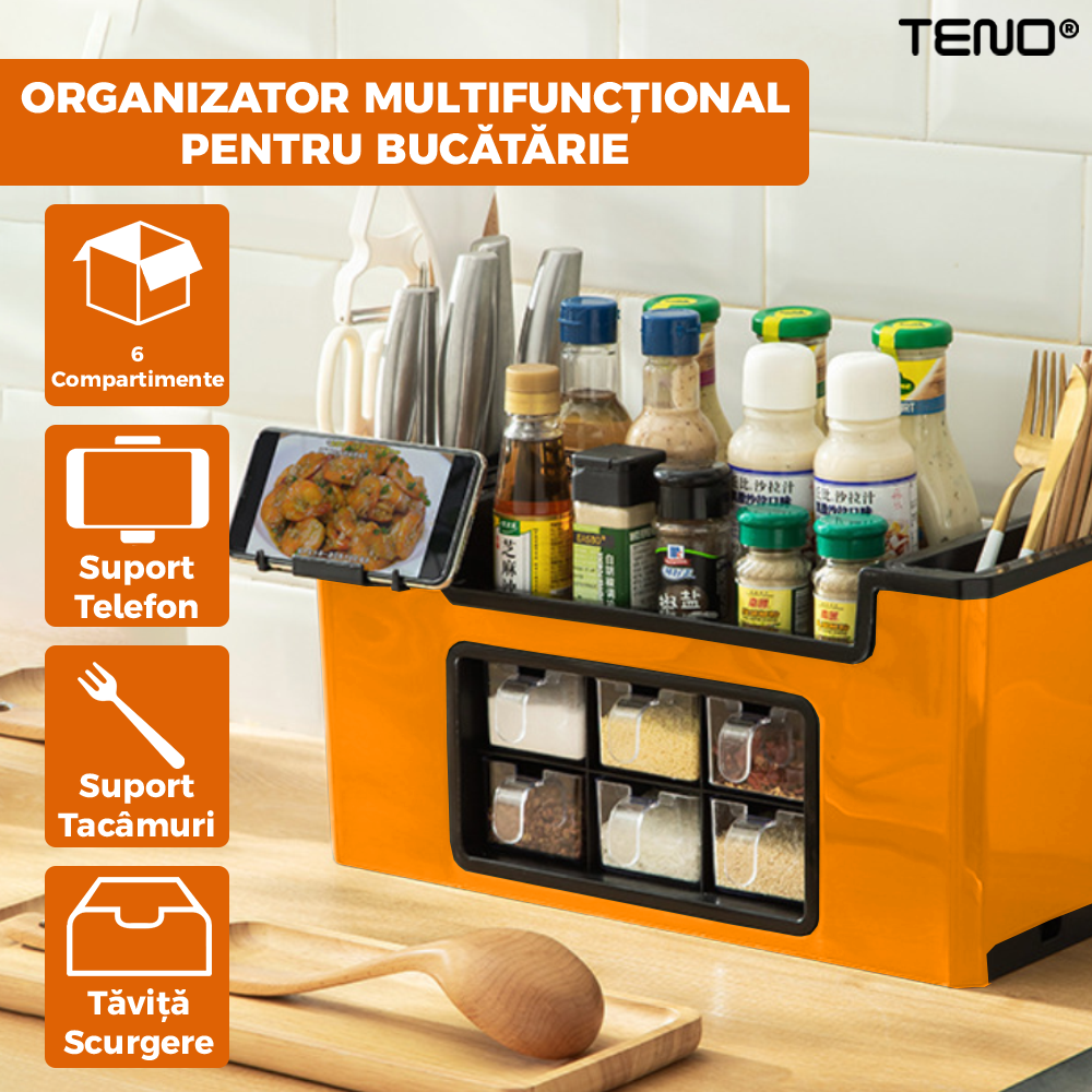 Organizator Multifunctional pentru Bucatarie Teno601, 6 Compartimente, raft condimente, suport detasabil telefon, tavita de scurgere, suport tacamuri/ustensile, portocaliu