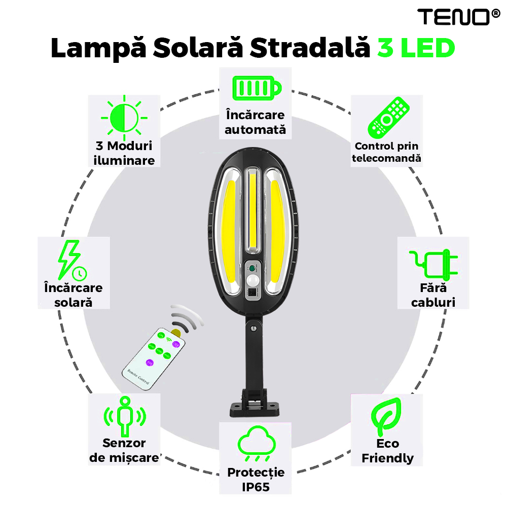 Lampa Solara Stradala 3 LED-uri Teno885, rotunda, control prin telecomanda, senzor de miscare, 3 moduri de iluminare, protectie IP65, Waterproof, exterior, negru